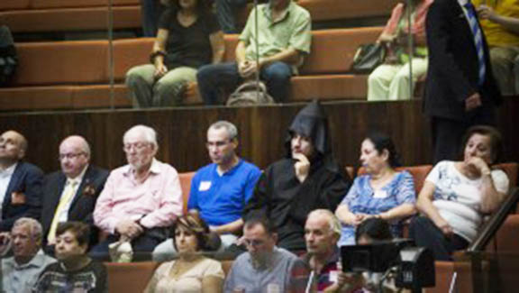 Jerusalem Armenian community members attend the Knesset discussion on the Armenian Genocide Tuesday (Times of Israel photo)