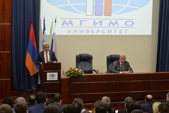 President Serzh Sarkisian speaking at the Moscow State Institute of International Relations on March 14, 2014 (Photo: Press Office of the President of Armenia)