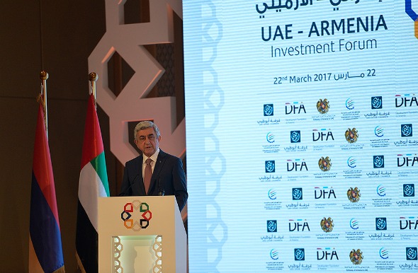 Serzh Sarkisian addresses UAE–Armenia Investment Forum on March 22, 2017 in Abu Dhabi (Photo: Press Office of the President of Armenia)