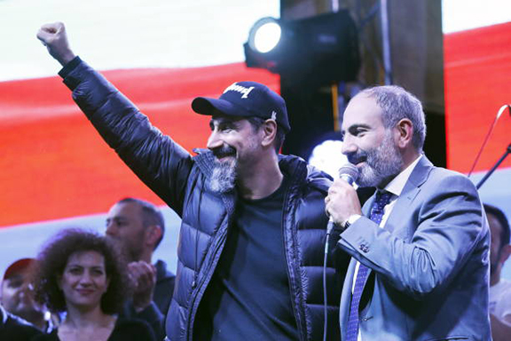 Serj Tankian (left) with then popular movement leader Nikol Pashinyan on May 7 in Republic Square a day he was elected prime minister