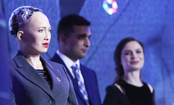 Sophia the Robot addresses the Economic Forum ahead of the La Francophonie Summit in Yerevan on Oct. 10