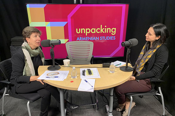 Salpi Ghazarian (left), director of the USC Institute of Armenian Studies, talks to Dr. Lilit Keshishyan on an episode of Unpacking Armenian Studies