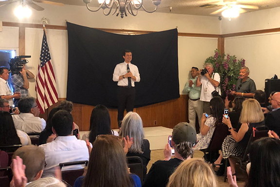 Mayor Pete Buttigieg at a town hall in Fresno, CA where he fielded a question on the Armenian Genocide (Photo by Laura Tsutsui / Valley Public Radio)