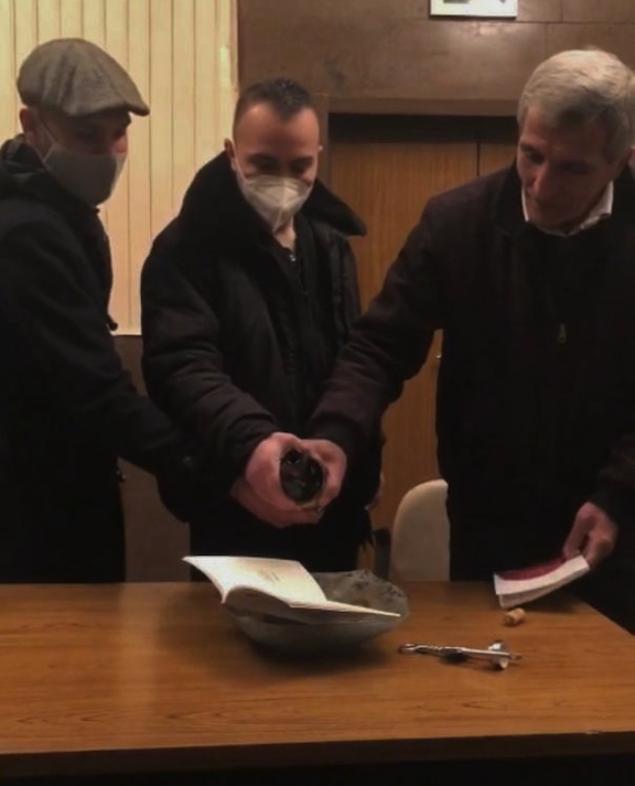 The wine blessing, held on Sunday, Jan. 3rd. From l to r: Roupen Khajag, Garin Angoghinian, C. Sarkssian