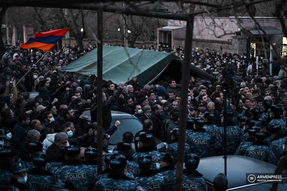 Protesters clash with police as they blocked Armenia's parliament building on March 9