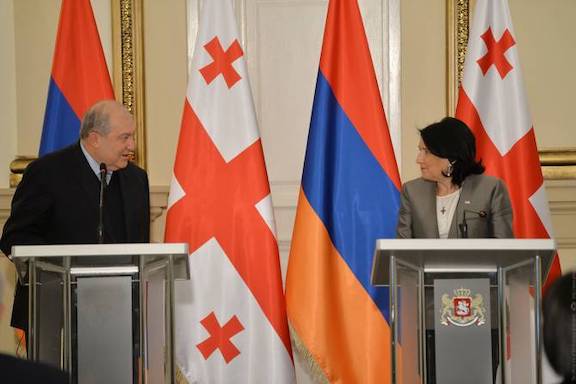 President Armen Sarkissian holds a joint press conference with his Georgian counterpart Salome Zourabichvili in Tbilisi on April 15