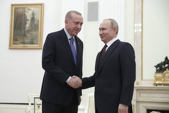 Russian President Vladimir Putin (right) and his Turkish counterpart Recep Tayyip Erdogan at the Kremlin in March, 2020