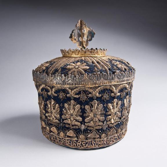 Armenian, Saghavard (Liturgical Crown), 1751. Metal, sequins, gold metallic thread on velvet. Gift of Paul and Vicki Bedoukian, Courtesy of the Collection of the Armenian Museum of America.