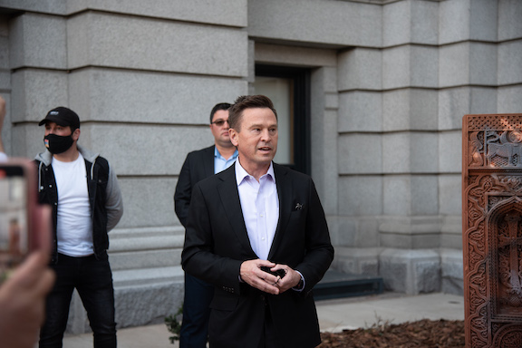 Colorado State Representative Cole Wist at the April 24 Armenian Genocide Commemoration at the Colorado State Capitol Armenian Genocide Memorial Garden (Photo by Mher Ginosyan)